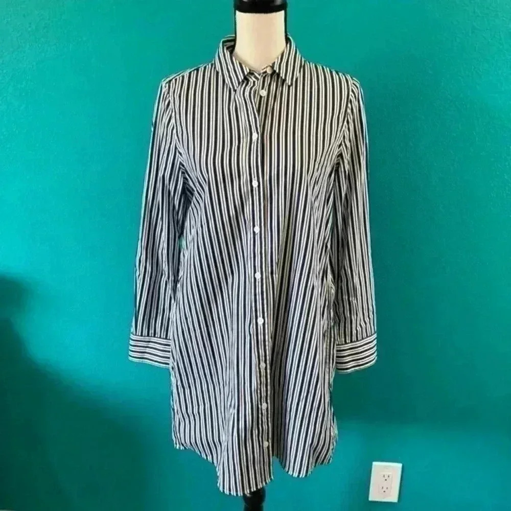 Equipment femme blue and white striped button up shirt dress in size small